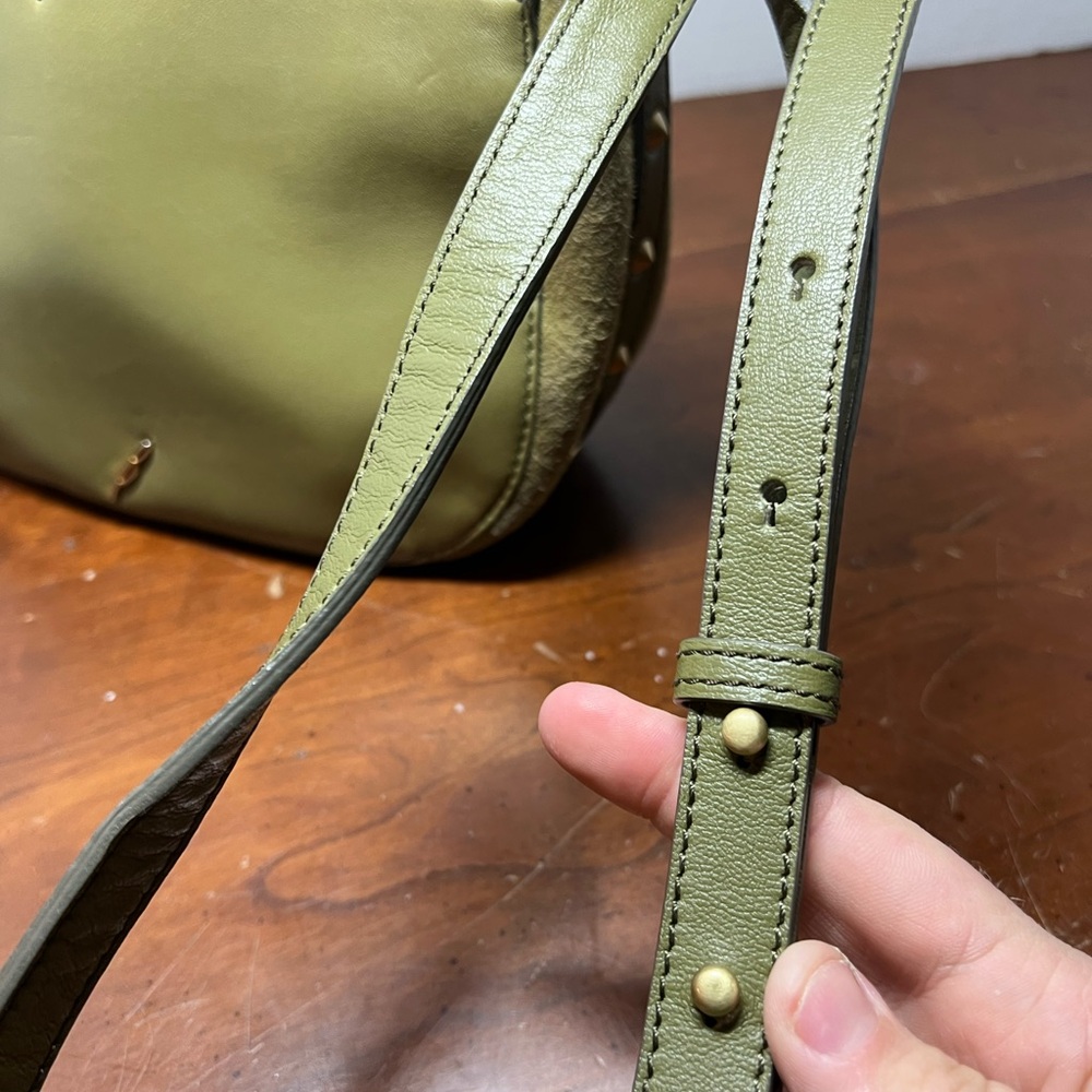 Brian Atwood Snakeskin Saddle crossbody Purse made w/ goat&lamb Green 10”x8” - Picture 12 of 16